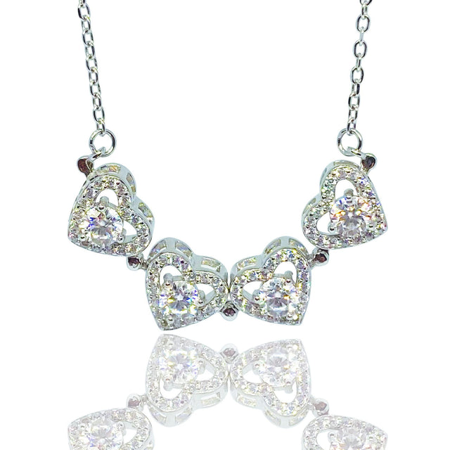 Sterling Silver Four-Leaf Clover Necklace: Moissanite Heart Pendant