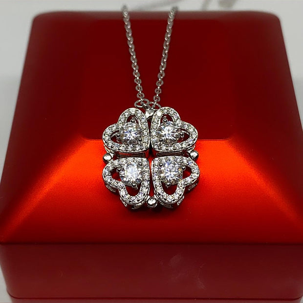 Sterling Silver Four-Leaf Clover Necklace: Moissanite Heart Pendant