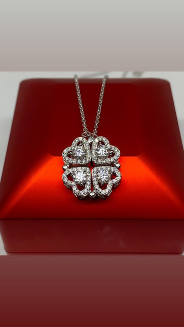 Sterling Silver Four-Leaf Clover Necklace: Moissanite Heart Pendant