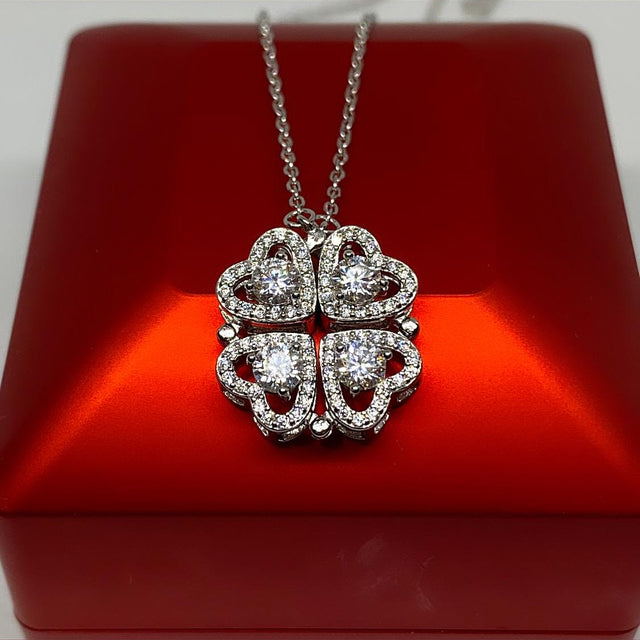 Sterling Silver Four-Leaf Clover Necklace: Moissanite Heart Pendant